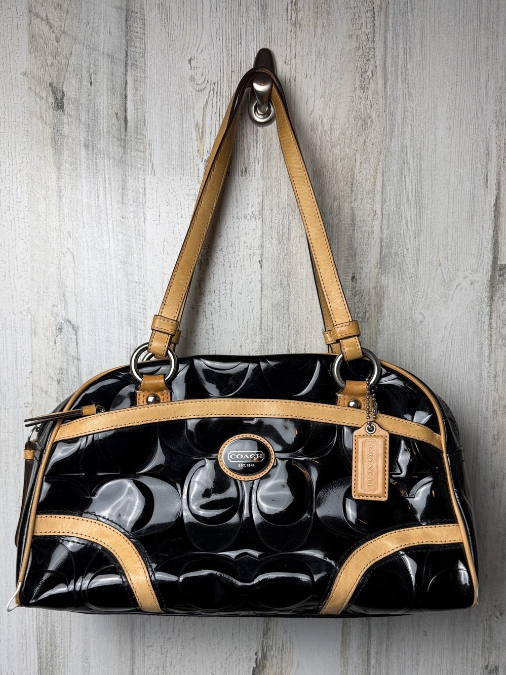 Coach Bag Purse Peyton Patent Leather Black Embossed Satchel MSRP 358 F20065 EUC